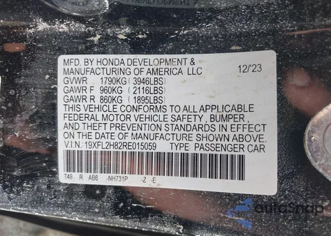 2024 Honda Civic Sport из США, поврежденный, VIN 19XFL2H82RE015059